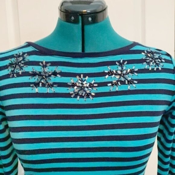 Talbots Petite Nautical Stripe Rhinestone Neck Long Sleeve Crew Neck Shirt - Picture 2 of 9